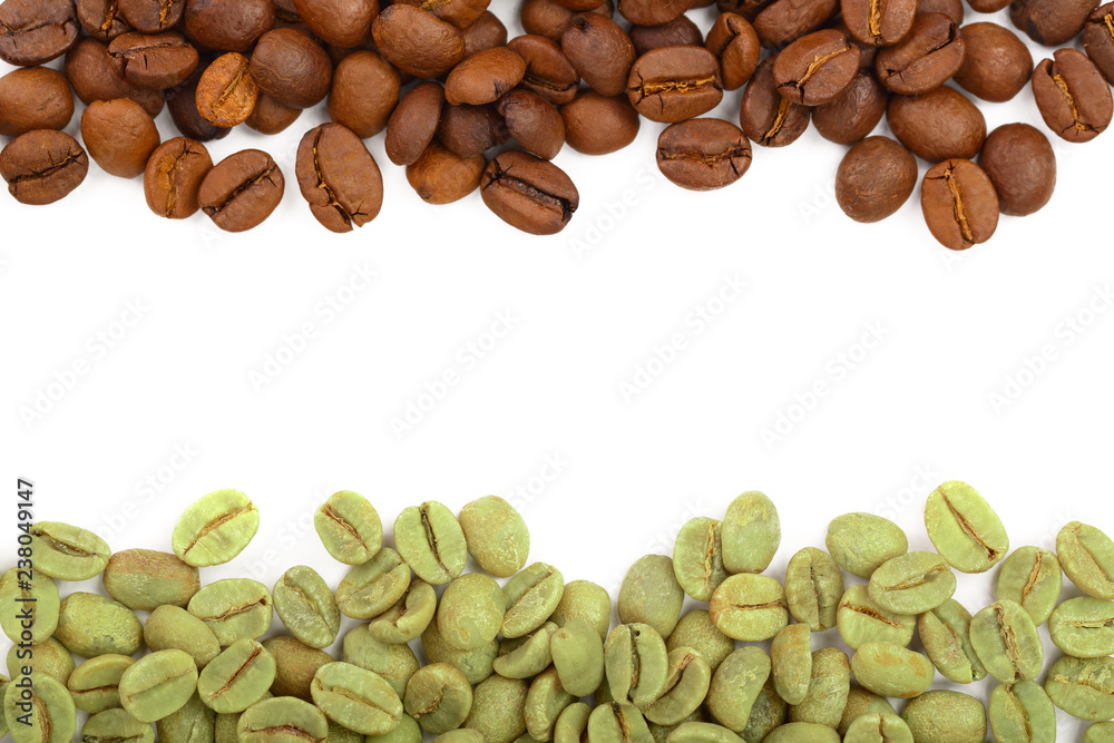 green and brown coffee beans isolated on white background close up. Top view. Flat lay green and brown coffee beans isolated on white background close up. Top view. Flat lay