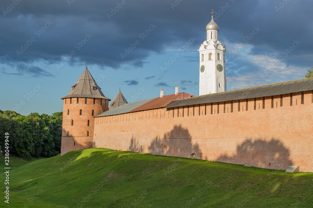 Novgorod Kremlin redbrick fortress walls day time