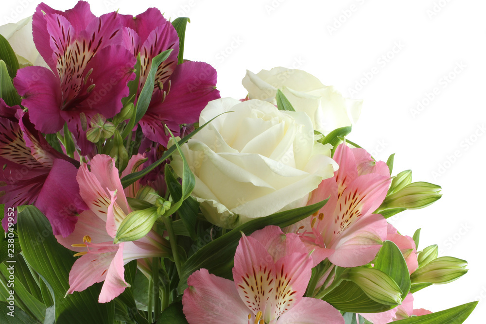 Bouquet of big white roses, pink and lilac alstroemeria flowers isolated on white background