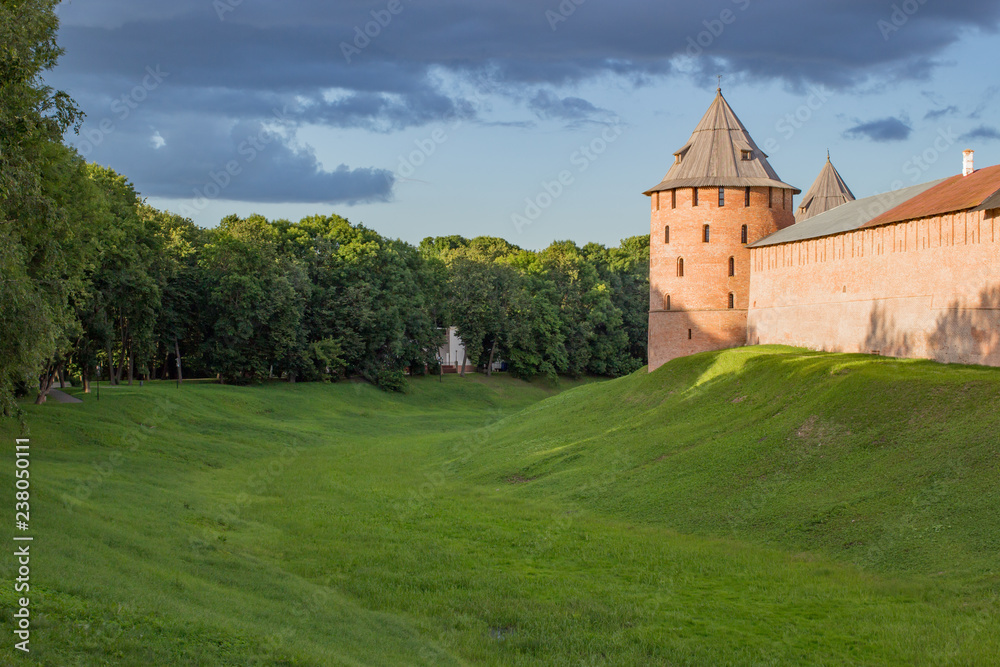 Novgorod Kremlin redbrick fortress walls day time