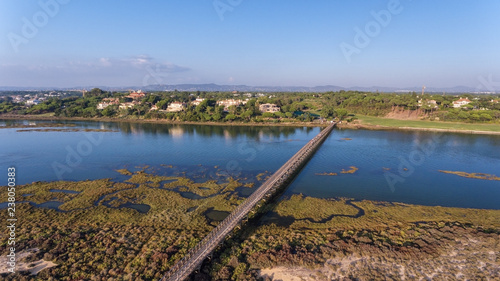 Aerial. View from the sky to the bay in Ria Formosa. Quinta de Lago.