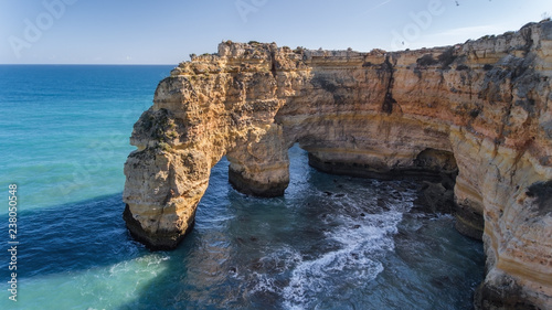 Aerial. Beautiful Portuguese beaches Marinha, Albufeira view from the sky
