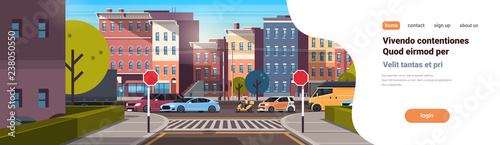 city street building urban traffic cars on road downtown early morning sunrise horizontal banner copy space flat