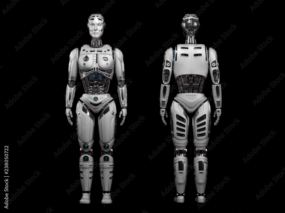 Futuristic robot man or very detailed cyborg full body. Front and back views. Isolated on black background. 3D Render Futuristic robot man or very detailed cyborg full body. Front and back views. Isolated on black background. 3D Render