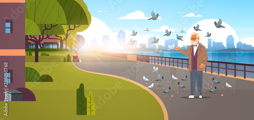 senior man feeding flock of pigeon modern city quay urban cityscape skyscrapers background horizontal banner flat