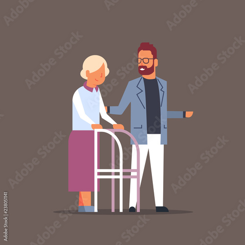 man helping senior woman with walking frame volunteer support caregiver concept flat