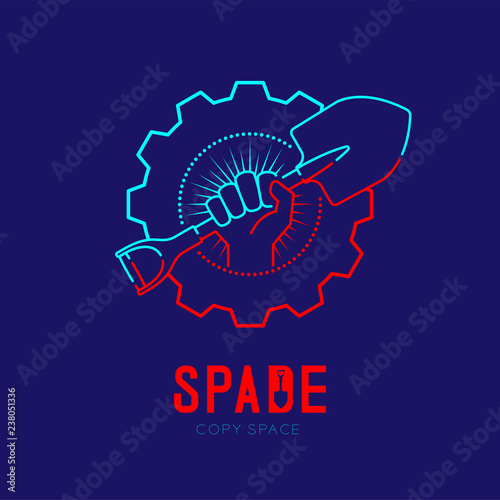 Hand holding Spade with radius in gear frame logo icon outline stroke set dash line design illustration isolated on dark blue background with Spade text and copy space
