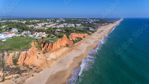 Aerial. View from the sky at the golf courses in the tourist town Vale de Lobo. Vilamoura.