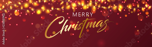 Merry Christmas festive shiny banner with decorative lanterns.