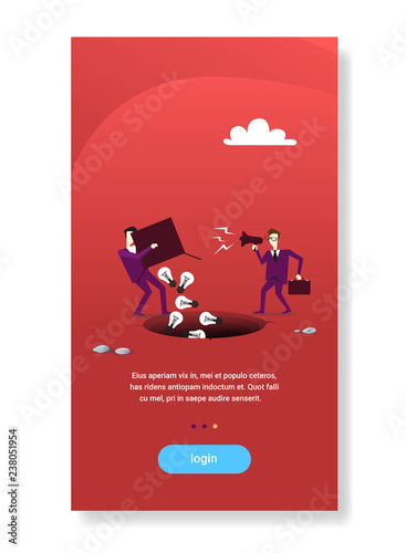 businessman boss screaming megaphone on worker throwing light bulbs in hole abyss business idea crisis concept flat vertical copy space