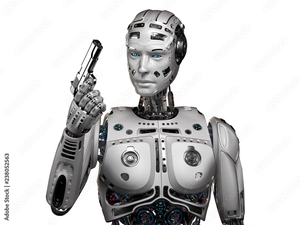 Futuristic robot looking at a pistol or very detailed cyborg holding a gun. Isolated on white background. 3D illustration Futuristic robot looking at a pistol or very detailed cyborg holding a gun. Isolated on white background. 3D illustration