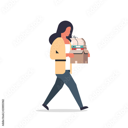 busy businesswoman carrying paper box stack of documents overloaded business woman office worker going female cartoon character full length flat isolated