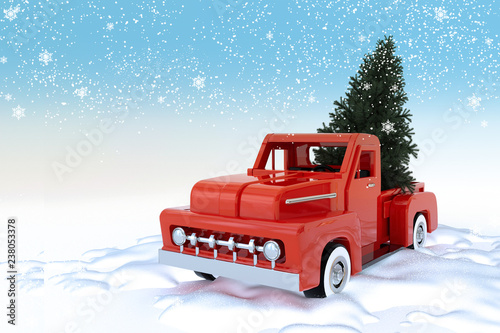 3d rendering red pickup vintage transport green tree snow engine vechcle decoratiom cargo chrome isolated white background