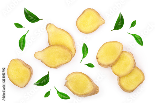 slices of fresh Ginger root isolated on white background. Top view. Flat lay