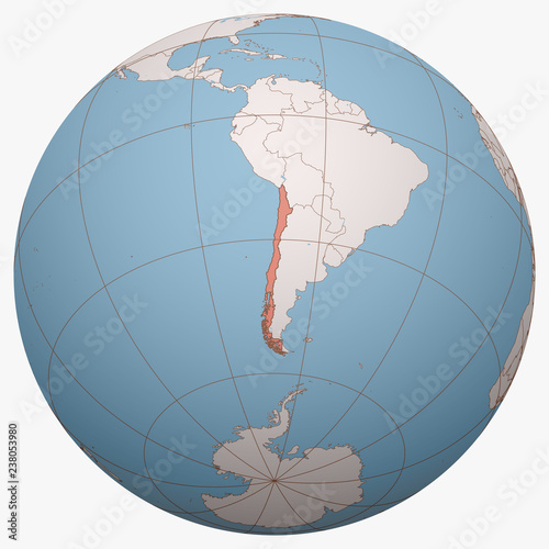 Chile on the globe. Earth hemisphere centered at the location of the Republic of Chile. Chile map.