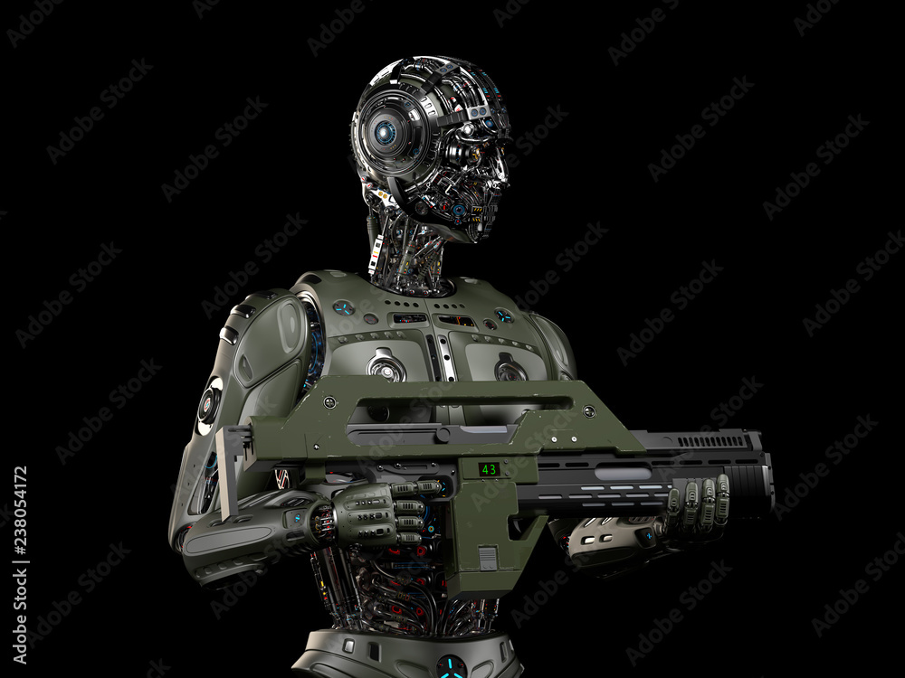 Detailed military robot or cyborg super soldier holding a heavy gun. Upper body isolated on black background. 3D Illustration Detailed military robot or cyborg super soldier holding a heavy gun. Upper body isolated on black background. 3D Illustration