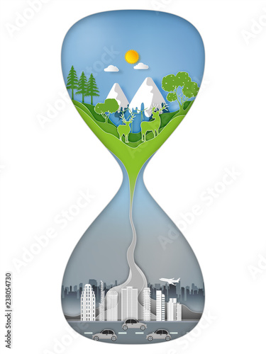 Paper art , cut and craft style Rate of environmental damage and climate change urgency as a green natural habitat sinking into a pollution and toxic enviroment in a sand hourglass concept. vector