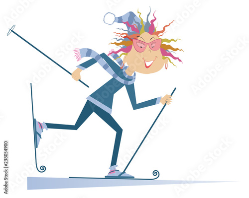 Skier woman isolated illustration. Cartoon smiling skier woman isolated on white illustration

