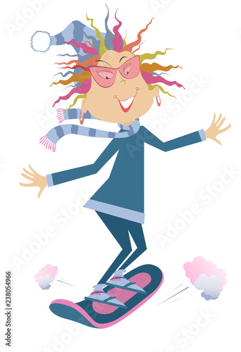 Smiling woman snowboarder illustration. Smiling cartoon woman rides on snowboard isolated on white 
