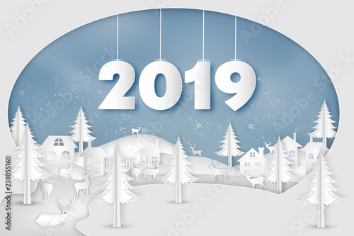 Paper art , cut and digital craft style of Reindeers or deers in village in the snow wintry season with trees as Merry Christmas and Happy New Year 2019 concept. vector illustration