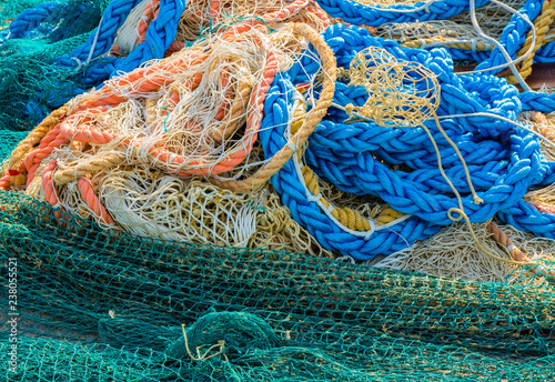 Coloured fishing nets. Close up view of fishing net