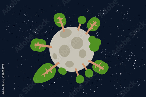 Greenery and greenness on the Moon - green tree and plant is breed and grown on the planet in the space. Organic life is living in the cosmos. Vector illustration