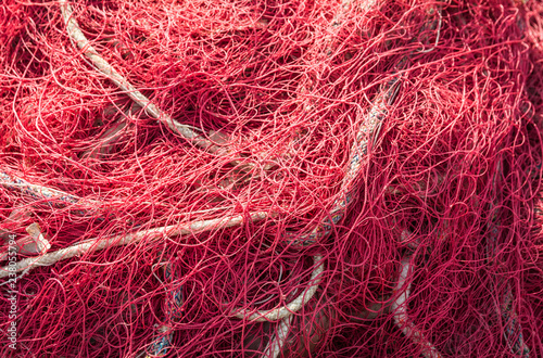 red fishing nets. Close up view of fishing net