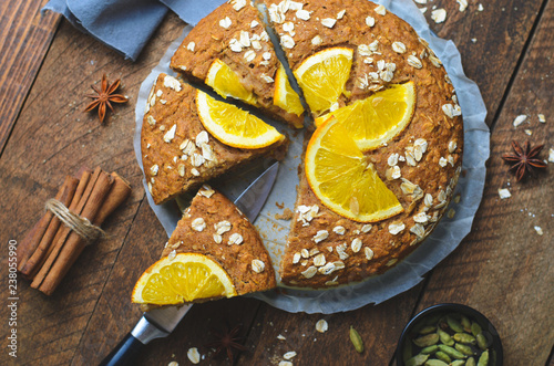 Orange Oat Cake, Freshly Baked Vegan Pie, Dairy Free and Eggless Dessert photo