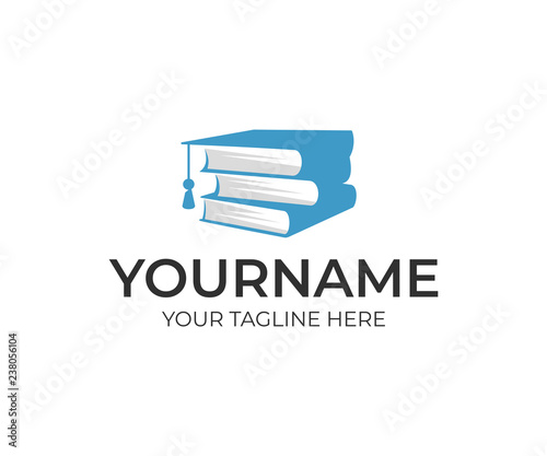 Education, stack of books and bachelor hat, logo design. Study, knowledge acquisition, university and institute, vector design and illustration