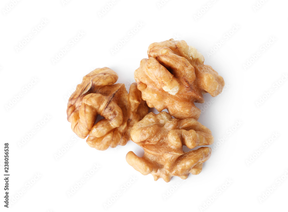 Tasty walnuts on white background, top view Tasty walnuts on white background, top view