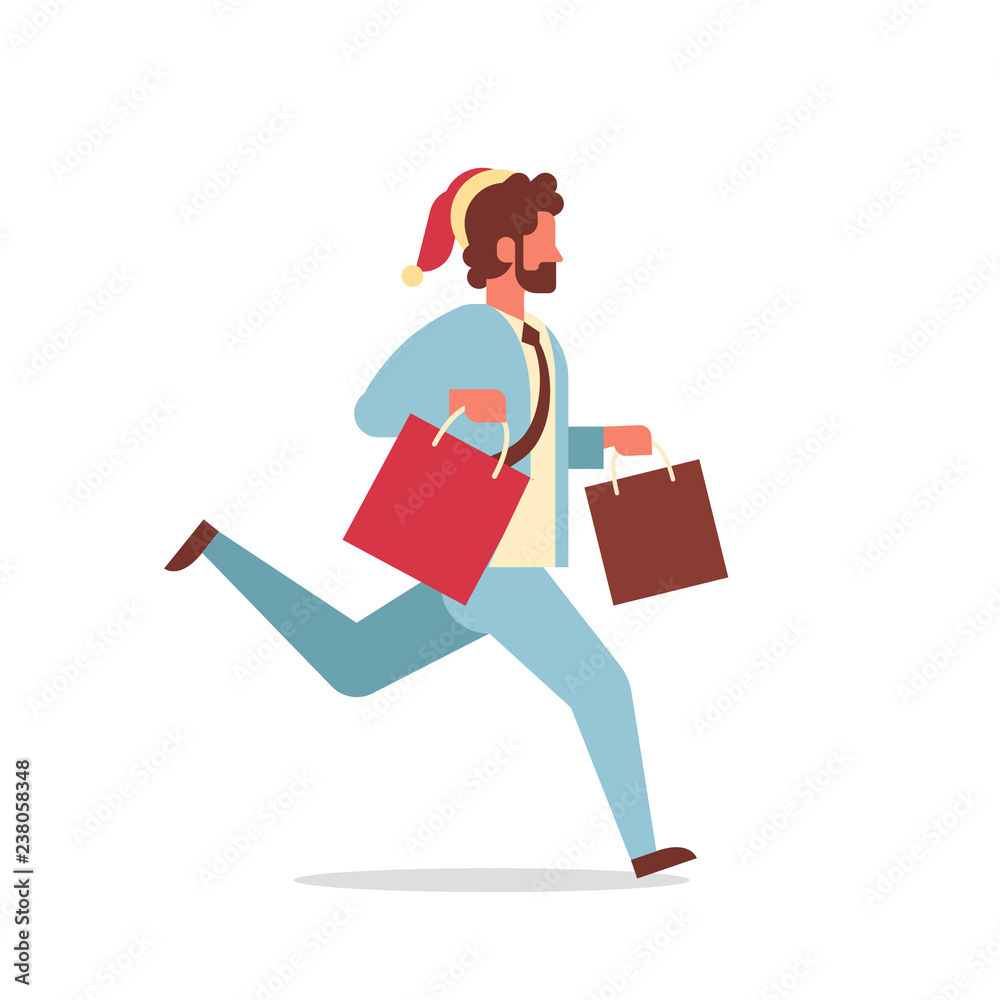 businessman running hold shopping bags packages male office worker business man cartoon character full length new year holidays celebration concept flat isolated