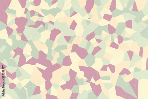 Yellow Green mosaic of abstract geometrical shapes with China Rose, Medium Champagne, Sage, Peach-Orange, Dark Sea Green colors, watercolor paper texture