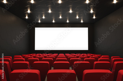 Leerer Kinosaal mit Leinwand und Sitzreihen, 3D Rendering