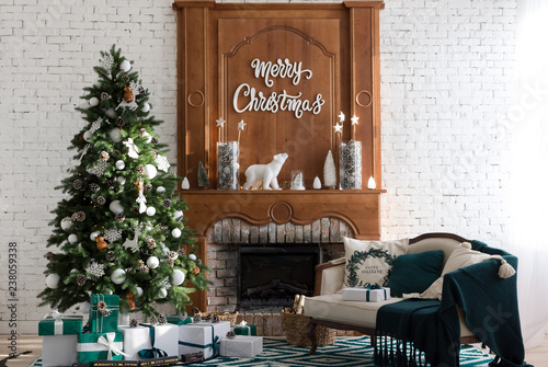 Merry Christmas interior with green pine