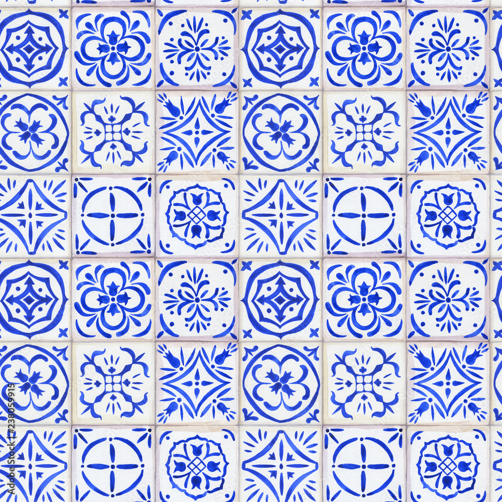 Seamless tracery with floral ornament - vintage ceramic tiles in azulejo design with blue elements on white background. Watercolor hand drawn painting illustration.