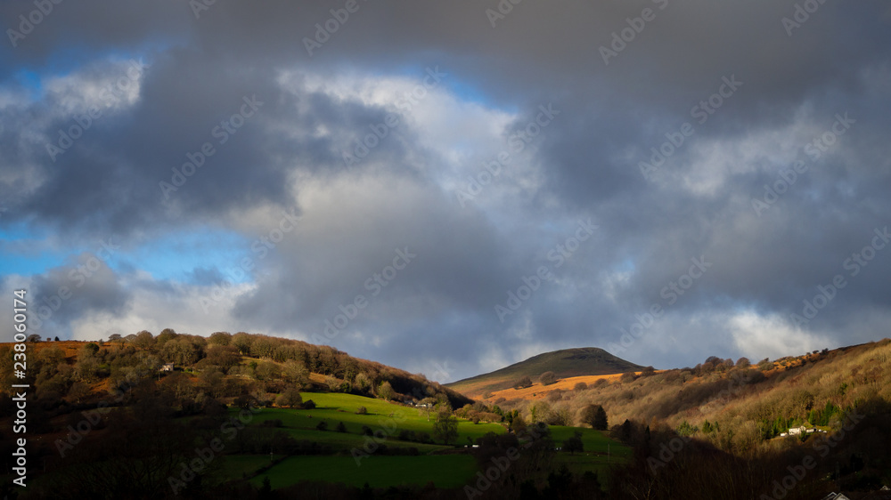Landscape view Sugarloaf Mountain Sugarloaf hill towards Black Mountains in Abergavenny