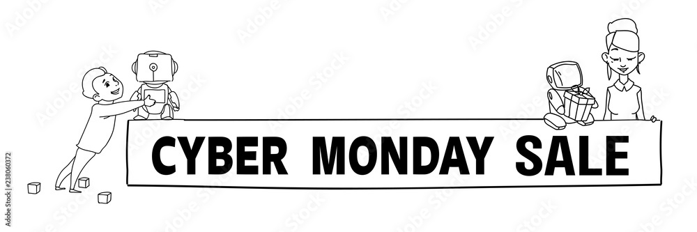 cyber monday sale robot brings woman present gift box boy hold robotic toy futuristic artificial intelligence concept future technology sketch doodle horizontal cyber monday sale robot brings woman present gift box boy hold robotic toy futuristic artificial intelligence concept future technology sketch doodle horizontal