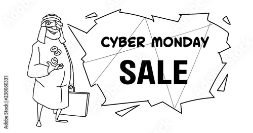 cyber monday sale concept rich arab businessman wear digital glasses virtual reality vision sketch doodle horizontal