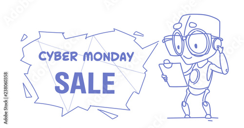 cyber monday sale cute robot hold clipboard checklist artificial intelligence assistance concept sketch doodle horizontal