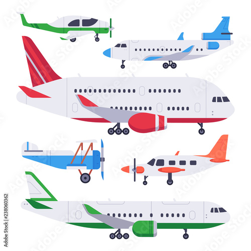 Flat airplanes. Aviation float airplane, private air plane and jet aircraft isolated vector illustration set
