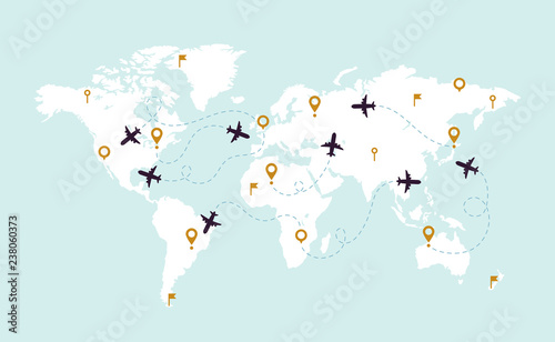 World map plane tracks. Aviation track path on world map, airplane route line and travel routes vector illustration