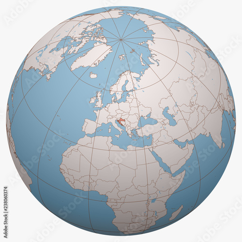 Croatia on the globe. Earth hemisphere centered at the location of the Republic of Croatia. Croatia map.