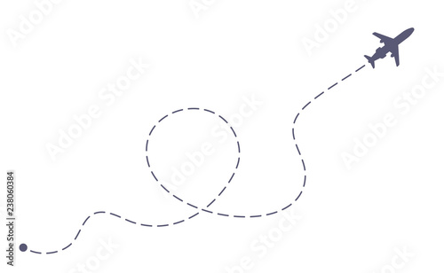 Airplane flight dashing line. Airlines plane line path, travel flights and air travels route dashed lines vector illustration