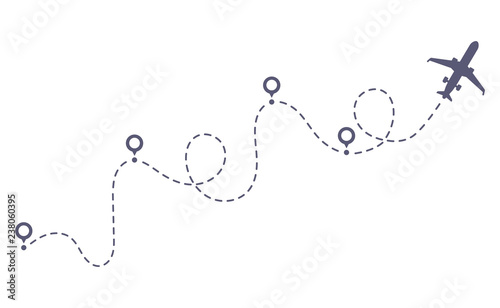 Airplane dotted route line. Flight tourism route path, plane flights itinerary starting pin to destination point vector illustration