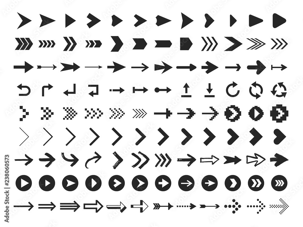Arrow Icon. Infographic arrows sign, next or back web button and right pointer vector silhouette icons set
