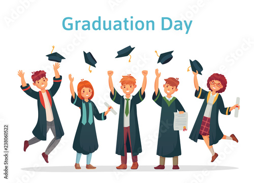 Graduate students. Graduation day of university student, success exam and college group throwing up academic caps vector illustration