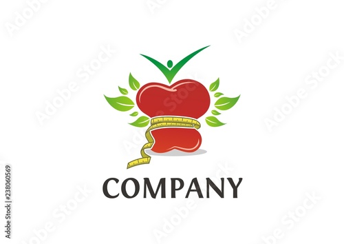 Healthy food logo / red apple with measuring tape, leaves, and human icon