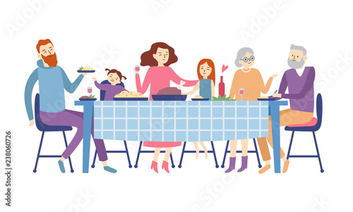 Family sitting at dining table. People eat festive food, holiday talking and family dinner reunion vector illustration