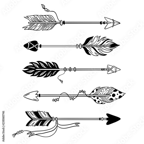 Ethnic arrows. Hand drawn feather arrow, tribal feathers on pointer and decorative boho bow isolated vector set