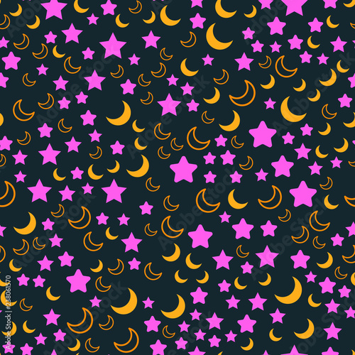 Night sky Stars and Moon. Seamless vector EPS 10 pattern. Christmas holidays